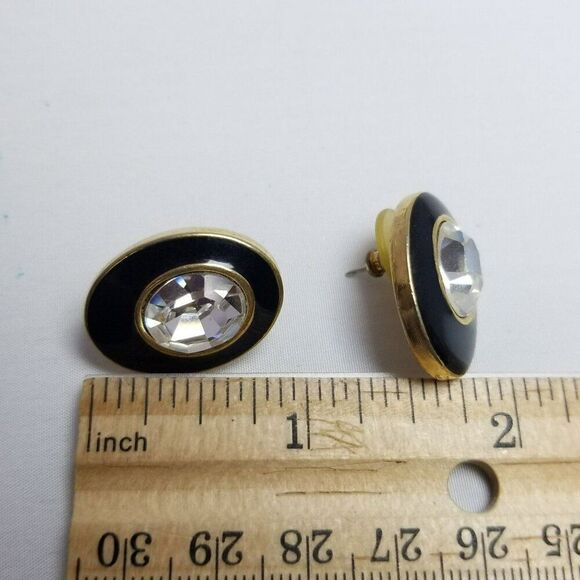 Vintage Trifari Oval Stud Earrings, Black Enamel Rhinestone Center Signed Estate - Picture 5 of 7